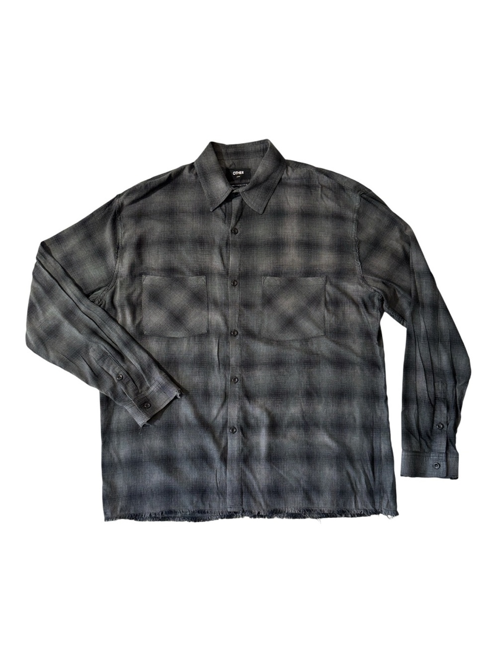 OTHER mens L Large grey black plaid frayed distressed button up casual shirt EUC